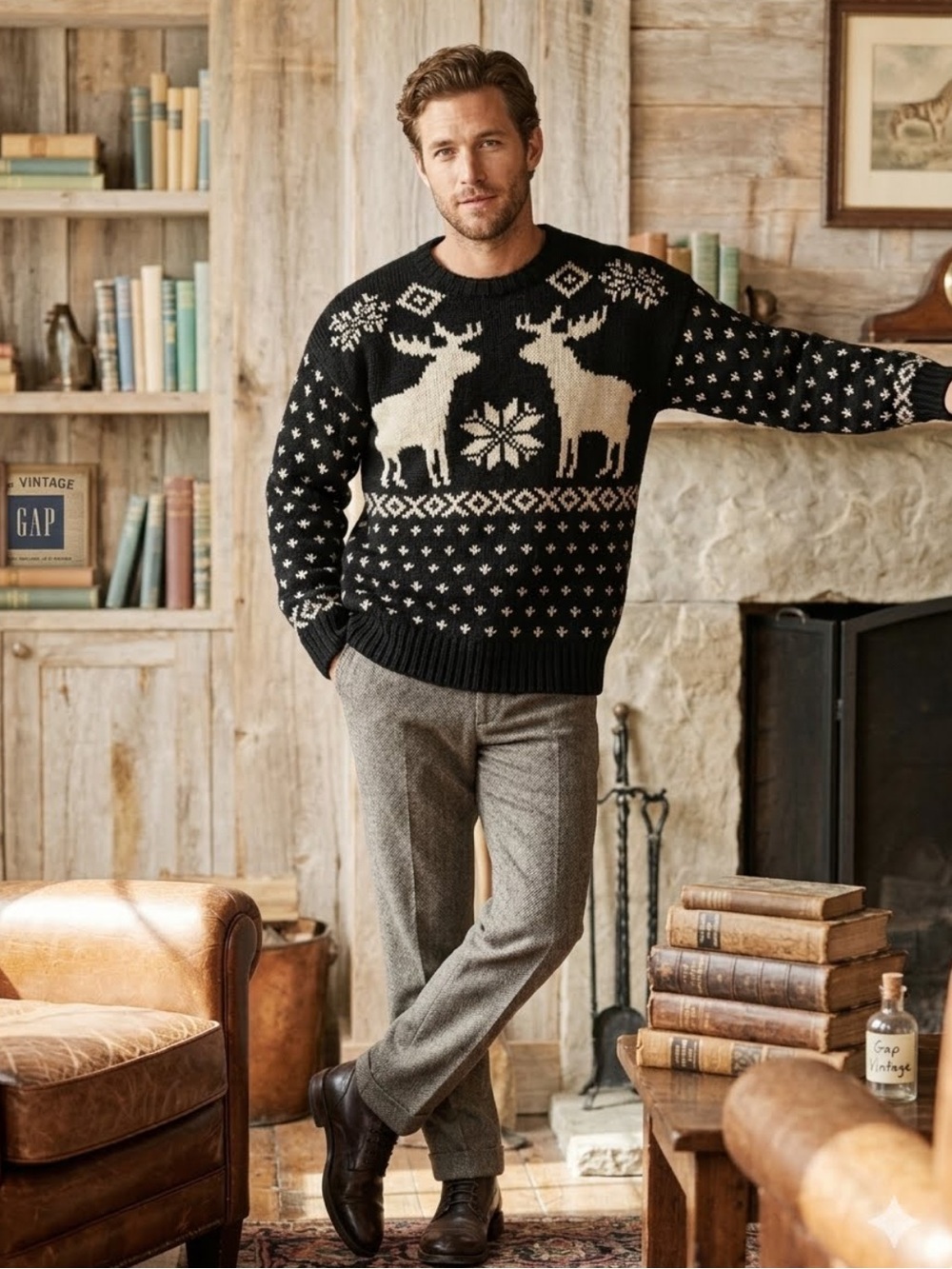 Vintage GAP Men’s 100% Shetland Wool Reindeer Intarsia Snowflake Sweater Large